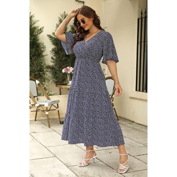 Plus Size Summer Floral Maxi Dress V Neck 3/4 Sleeve Empire Waist - Picture 2 of 6